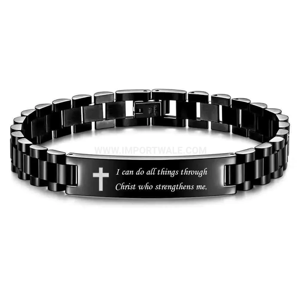 Engraved Cross Curved Plate Stainless Steel Watch Band Bracelet