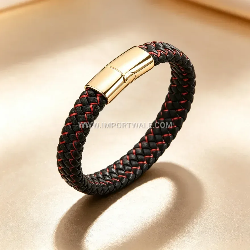 Braided PU Leather Wristband with Alloy Magnetic Clasp