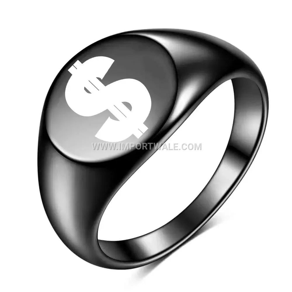 Laser Engraved Crown and Dollar Signet Ring