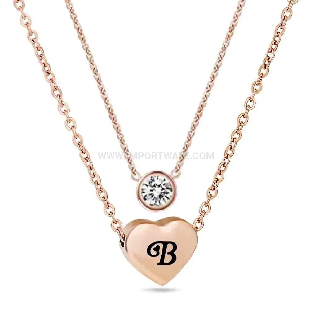 Rose Gold Stainless Steel Laser Engraved Alphabet Heart Pendant Necklace