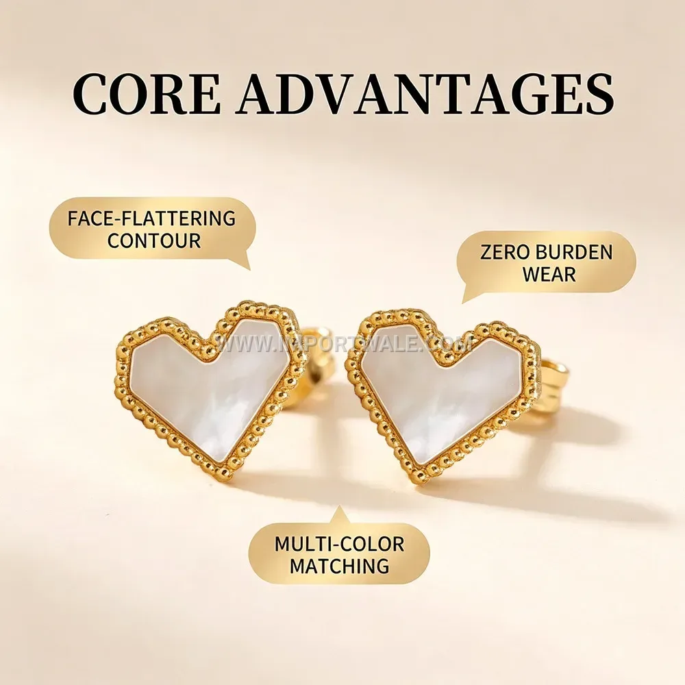 Heart Shell Inlaid 18K Gold Plated Stainless Steel Five-Flower Stud Earrings