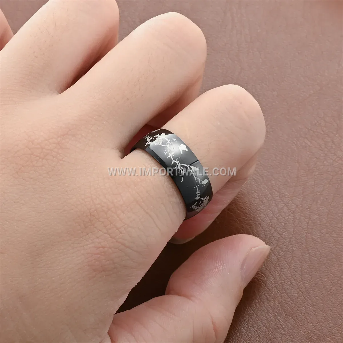 Stainless Steel Laser Engraved Bird Branch Band Ring