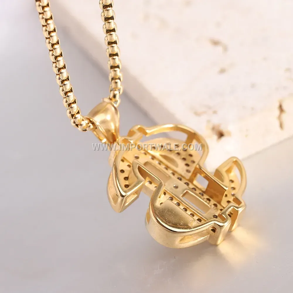 Rhinestone Dollar Sign Pendant Stainless Steel Necklace