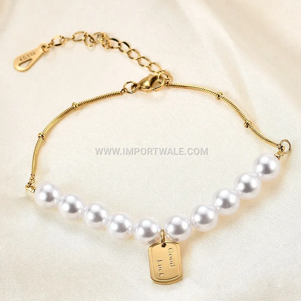 Good Luck Inscribed Faux Pearl Snake Chain Bracelet