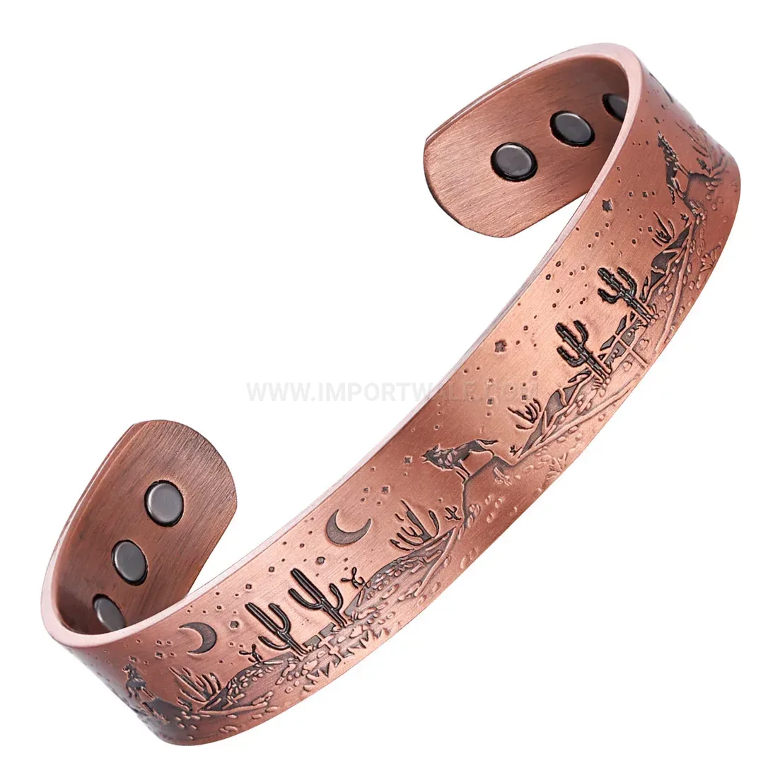 Engraved Desert Wolf Night Scene Copper Magnetic Cuff
