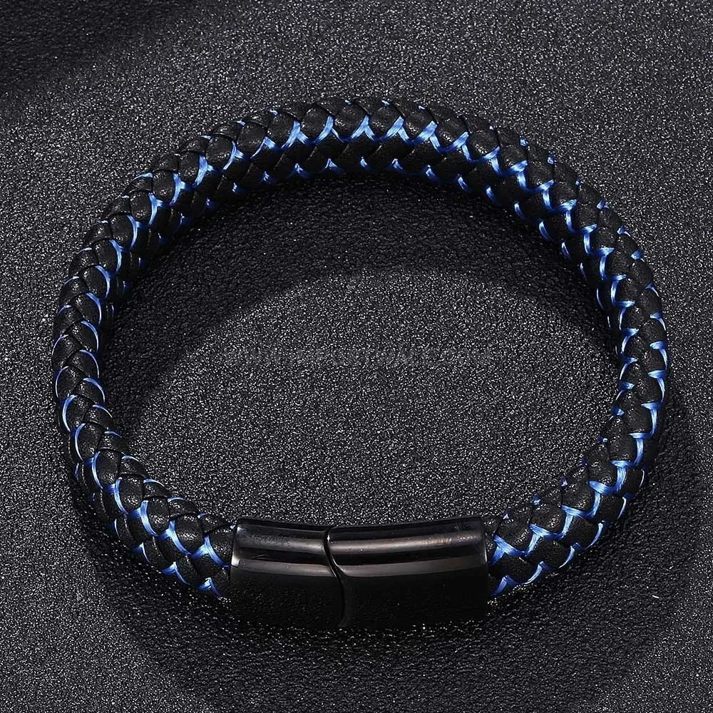 Dual Tone Leather Cord Wristband with Stainless Steel Magnetic Clasp