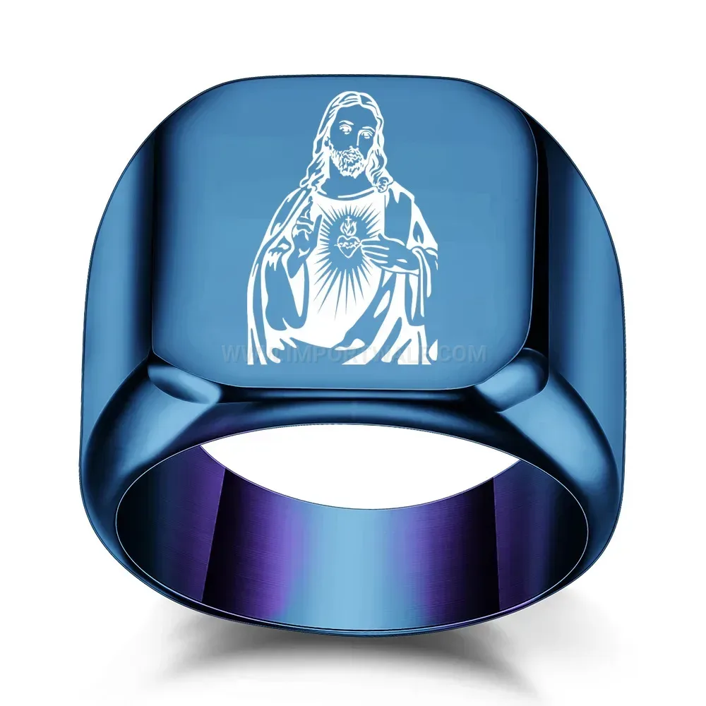 Modern Laser Engraved Guardian Angel Stainless Steel Signet Ring