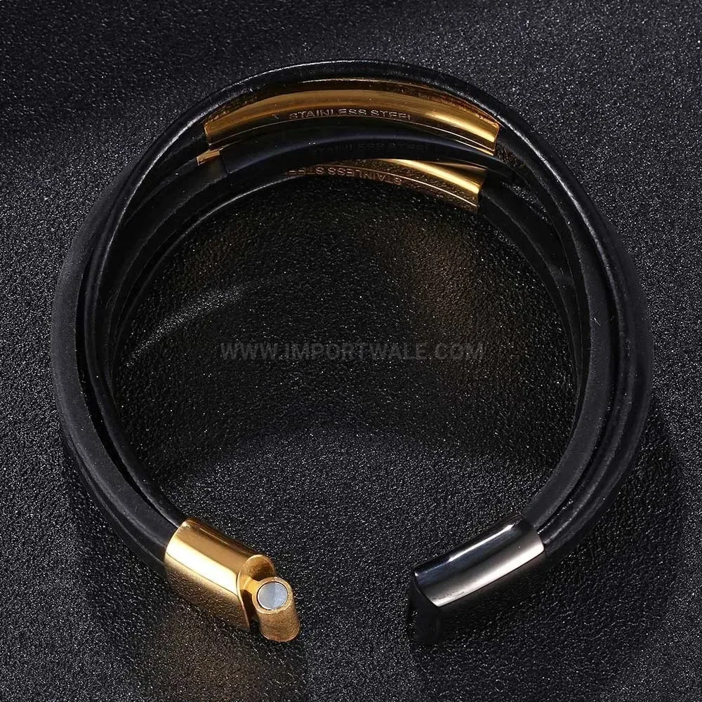Multi-Layer Black Leather Bracelet with Polished Stainless Steel Clasp