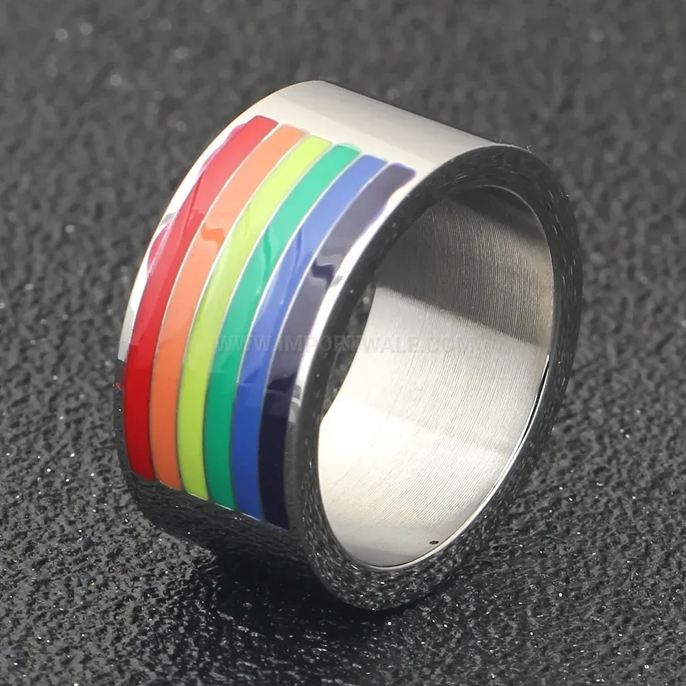 Modern Vibrant Rainbow Epoxy Stainless Steel Wide Band Ring