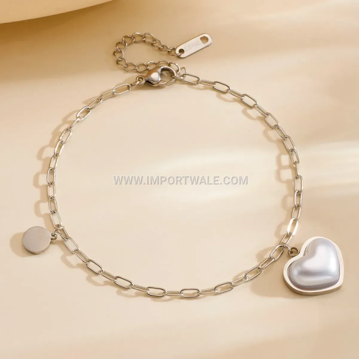 Heart Charm Pearl Stainless Steel Anklet