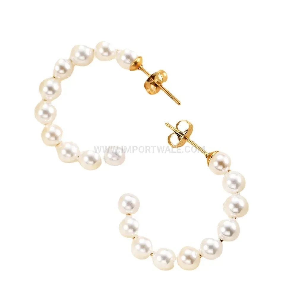 Stainless Steel Pearl Accent C Hoop Stud Earrings