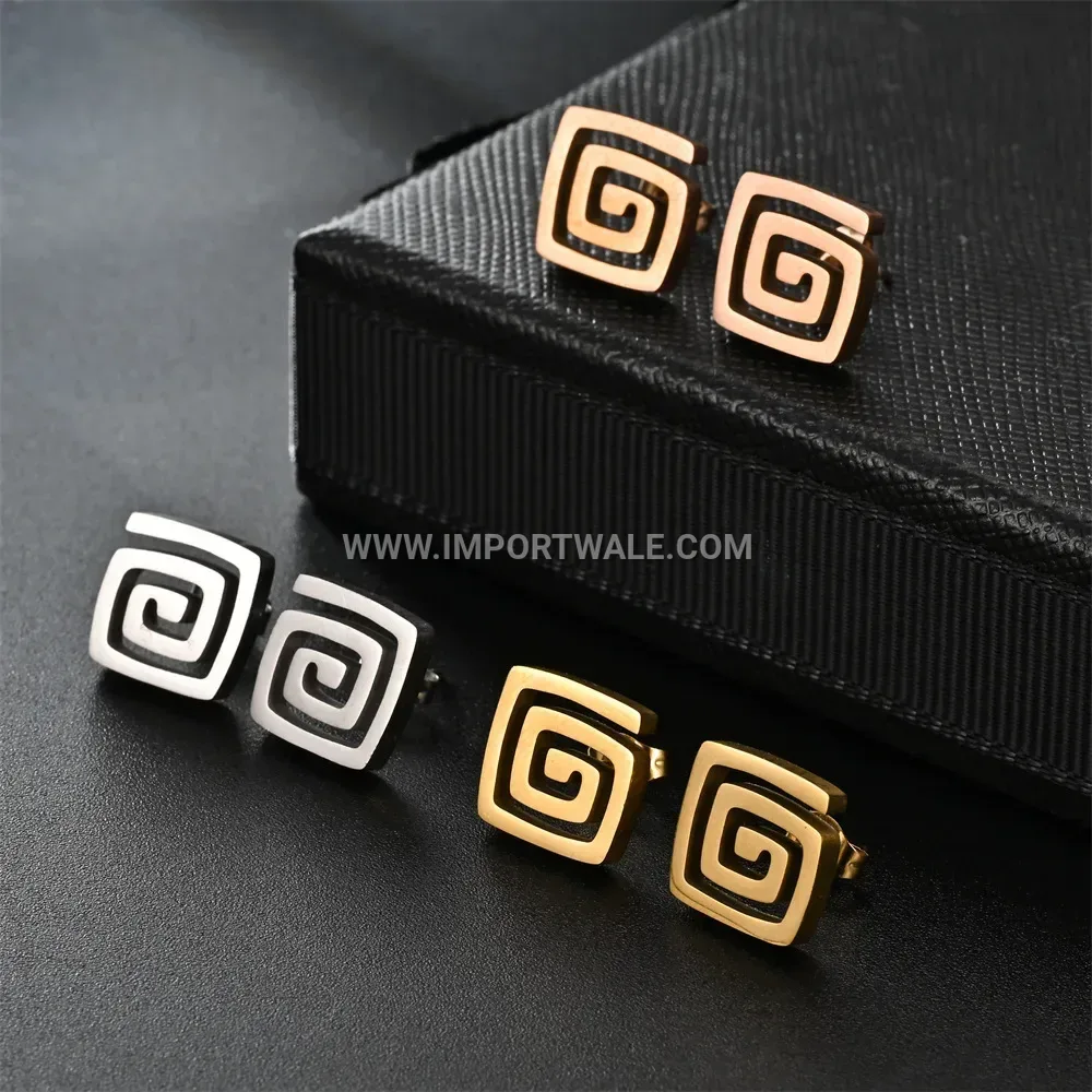 Greek Key Stainless Steel Hoop Stud Earrings