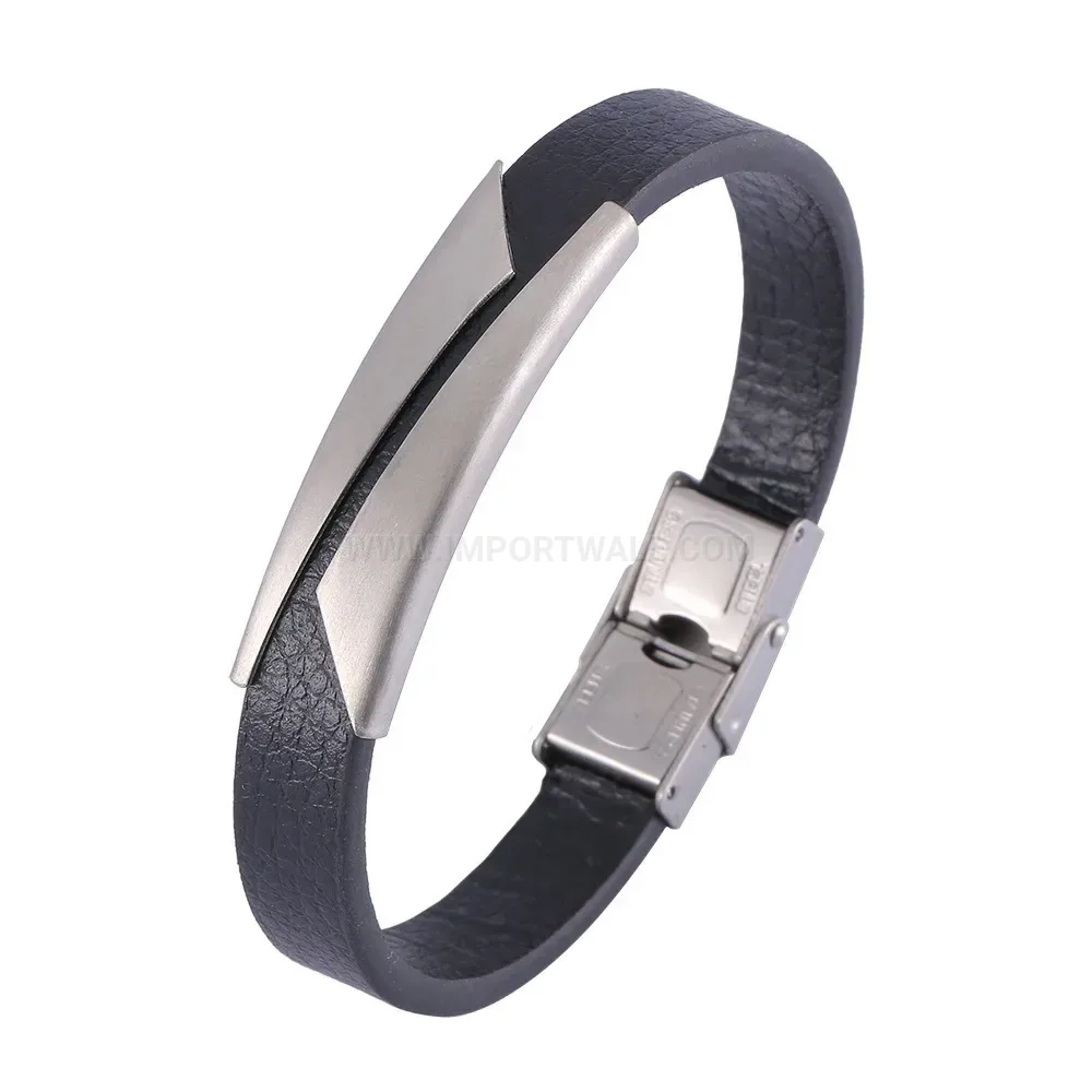 Textured Microfiber Leather Strap Bracelet with Stainless Steel Hardware