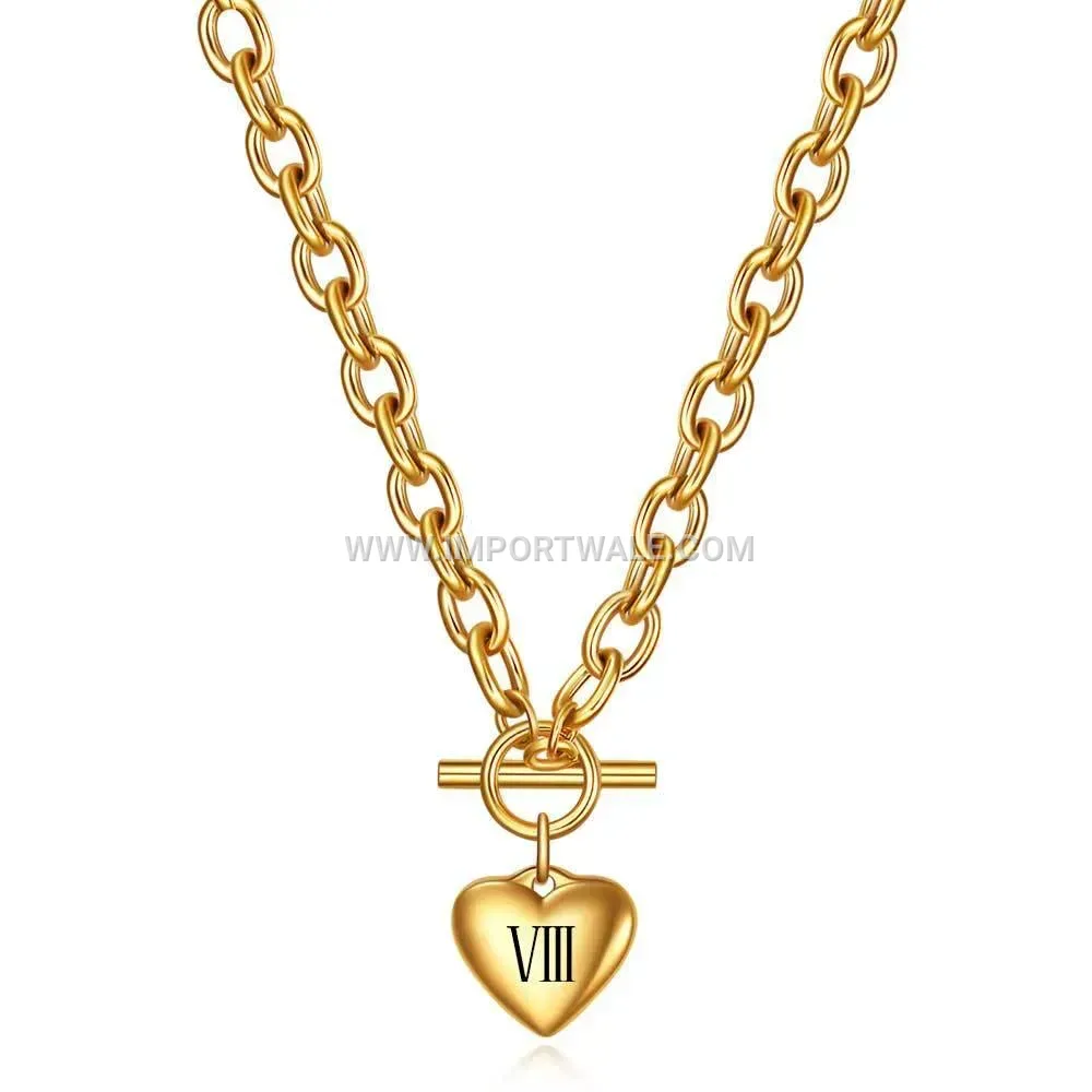 Engraved Roman Numeral Heart OT Clasp Stainless Steel Necklace