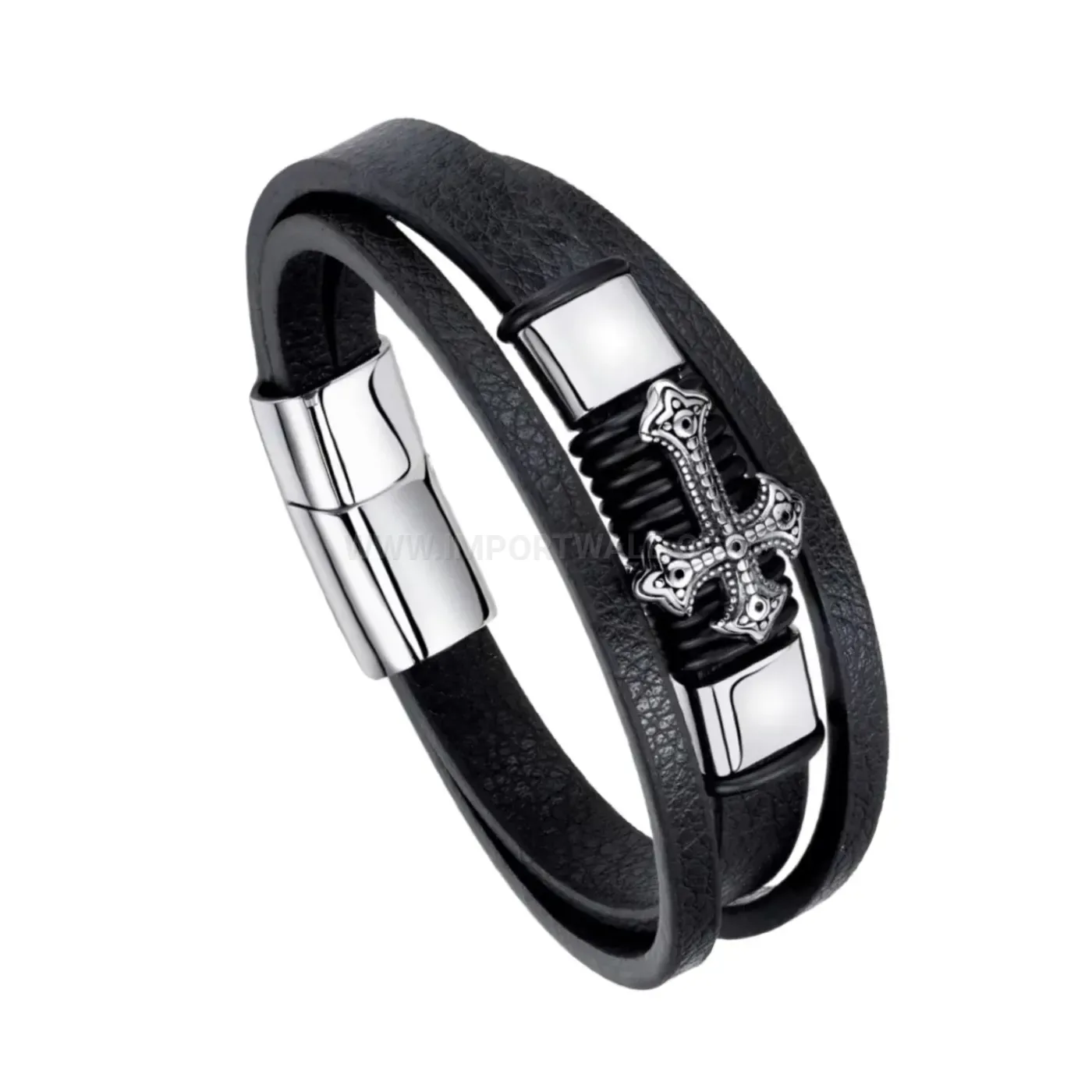 Bold Multi Layer Braided PU Leather Cross Wristband with Magnetic Clasp