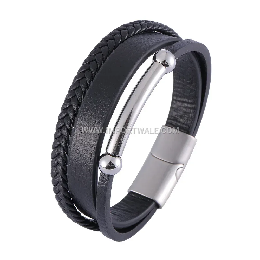 Woven Leather Bracelet with Brushed Steel Magnetic Clasp