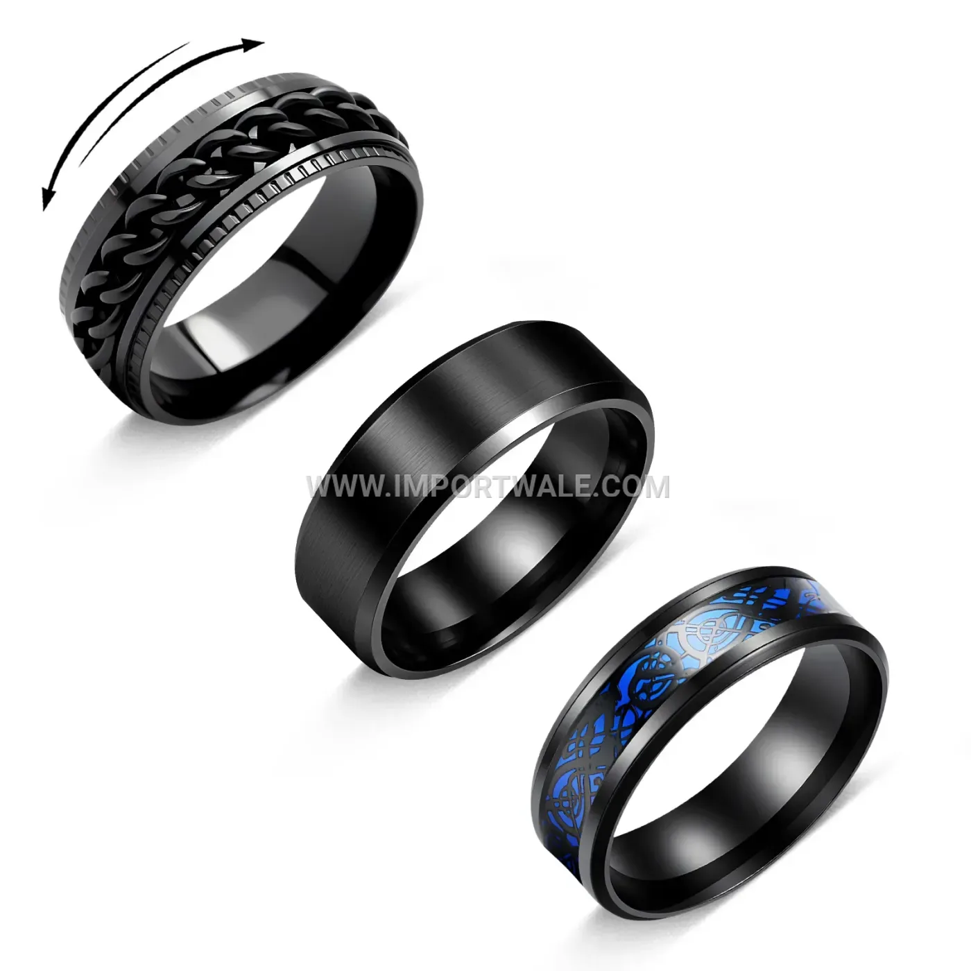 Black Spinner Chain Stainless Steel Geometric Ring Set