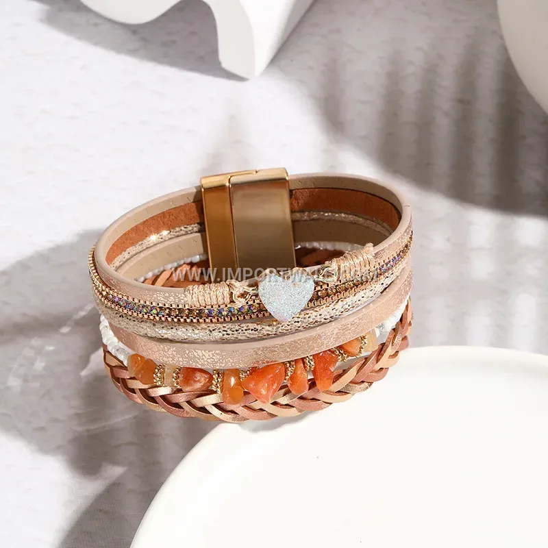 Multi-Strand Braided PU Leather Heart Charm Cuff Bracelet