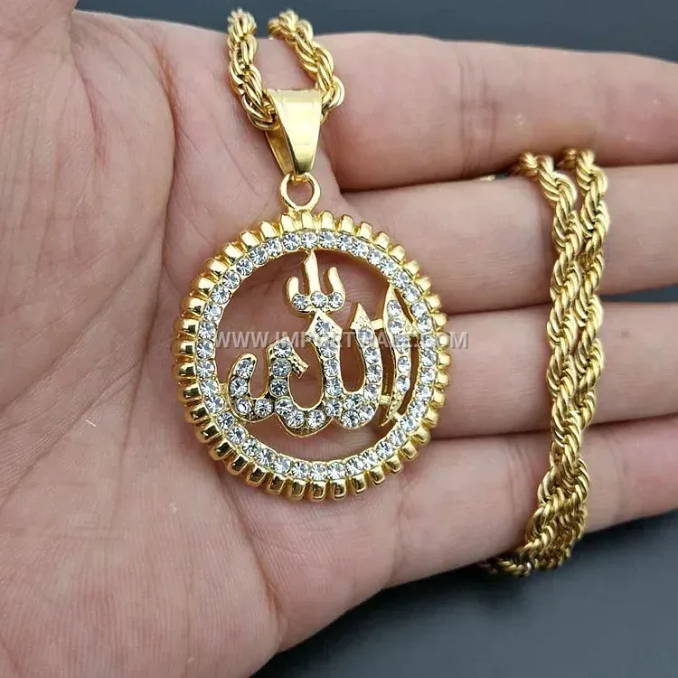 Sparkling Zircon Stainless Steel Arabic Calligraphy Allah Pendant Necklace