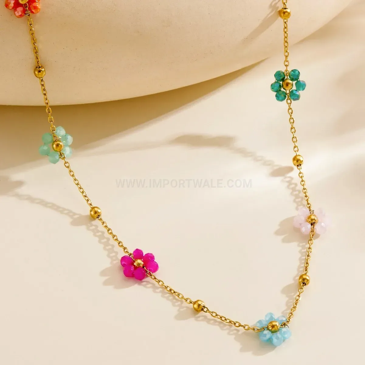 Floral Crystal Stainless Steel Chain Link Bracelet