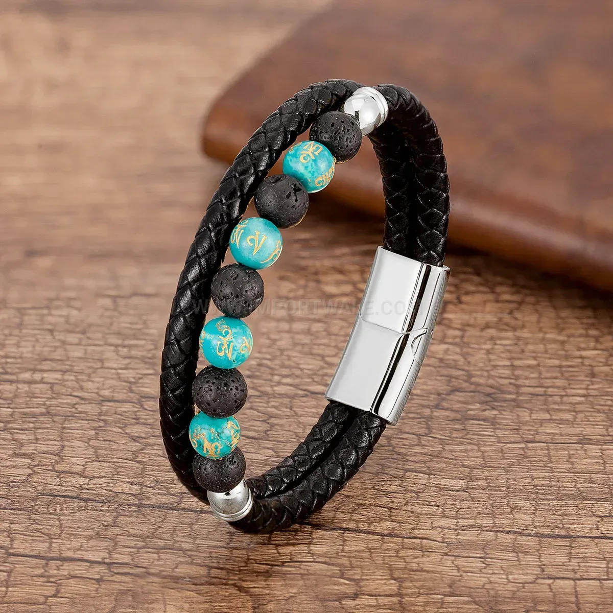 Woven Leather Stone Bead Wristband with Stainless Steel Closure
