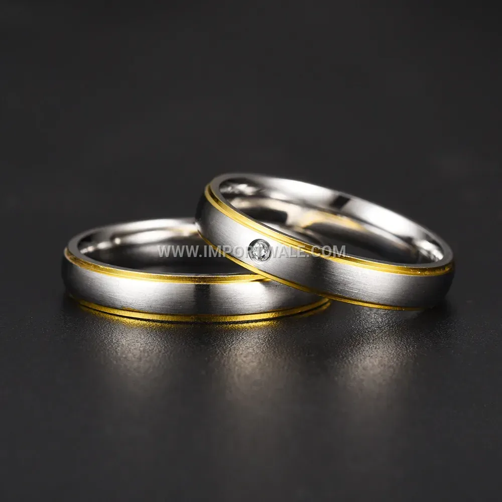 Two-Tone Zircon Stainless Steel Beveled Band Ring