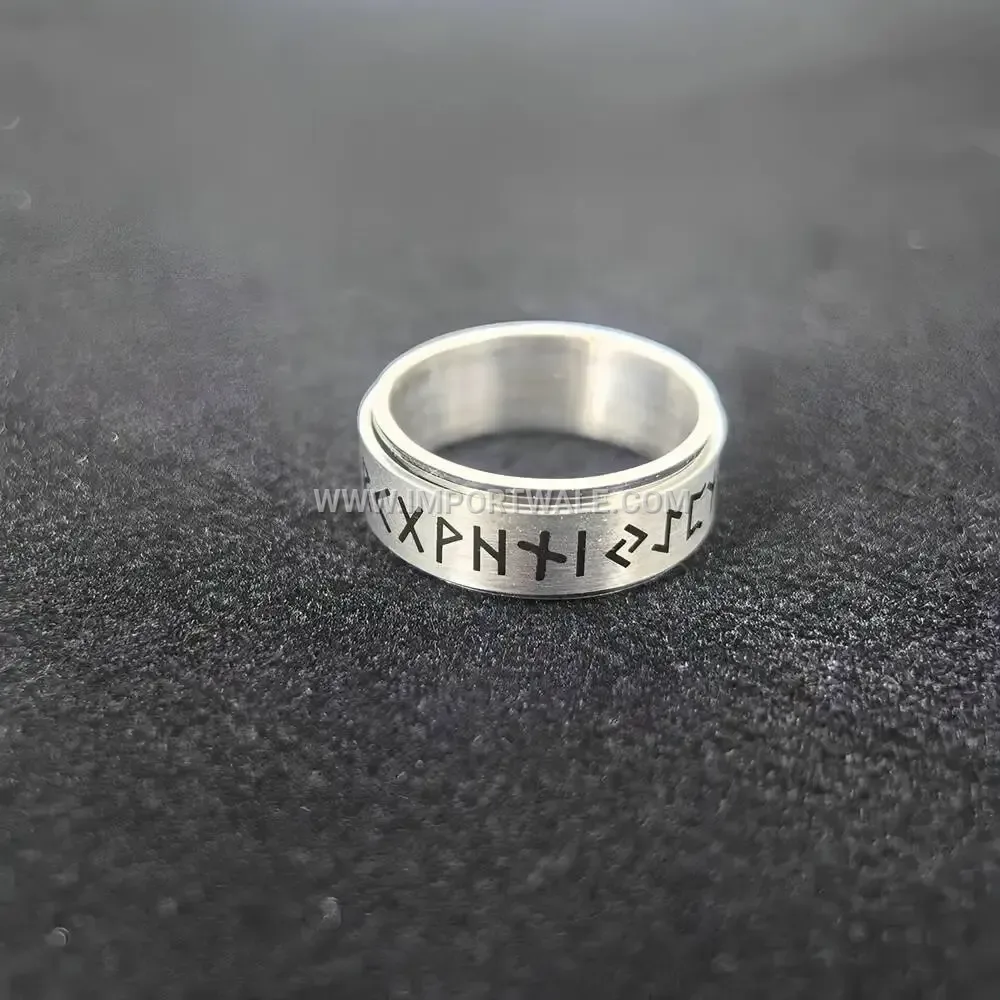 Rotating Viking Inscribed Stainless Steel Band Ring