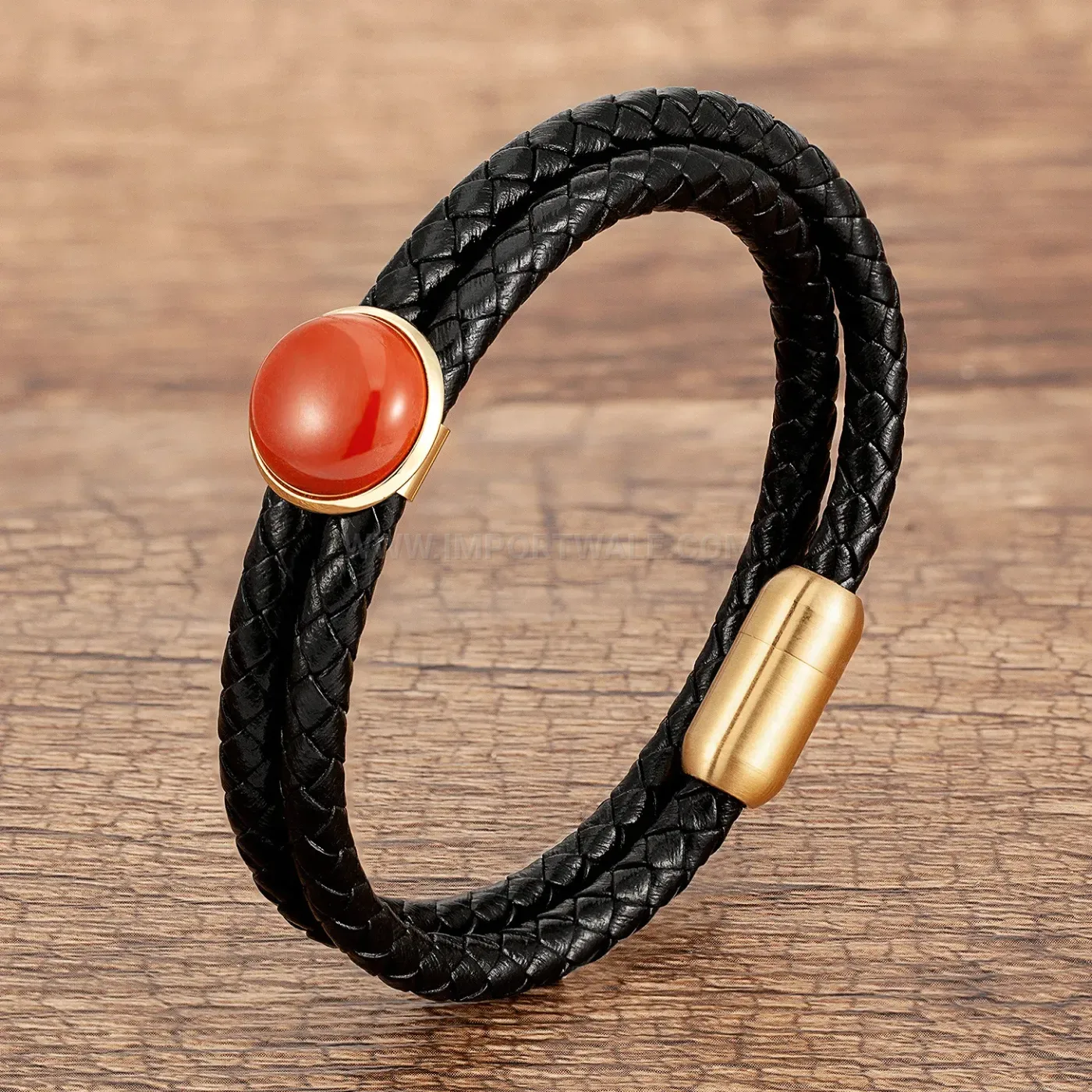 Double Layer Woven Leather Stone Bracelet with Magnetic Clasp