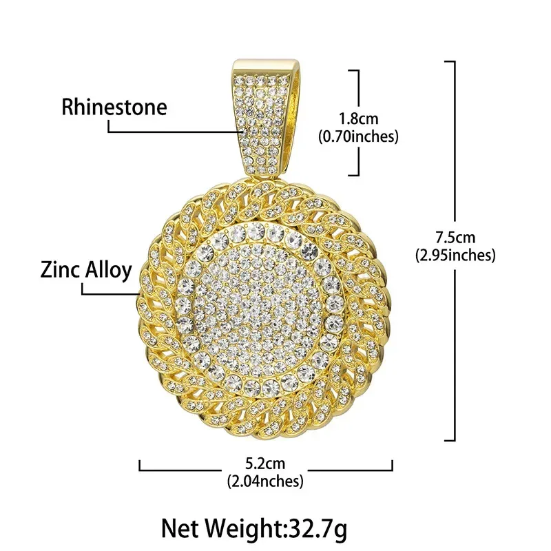 Designer Rhinestone Round Disc Medallion Pendant for Heavy Chain