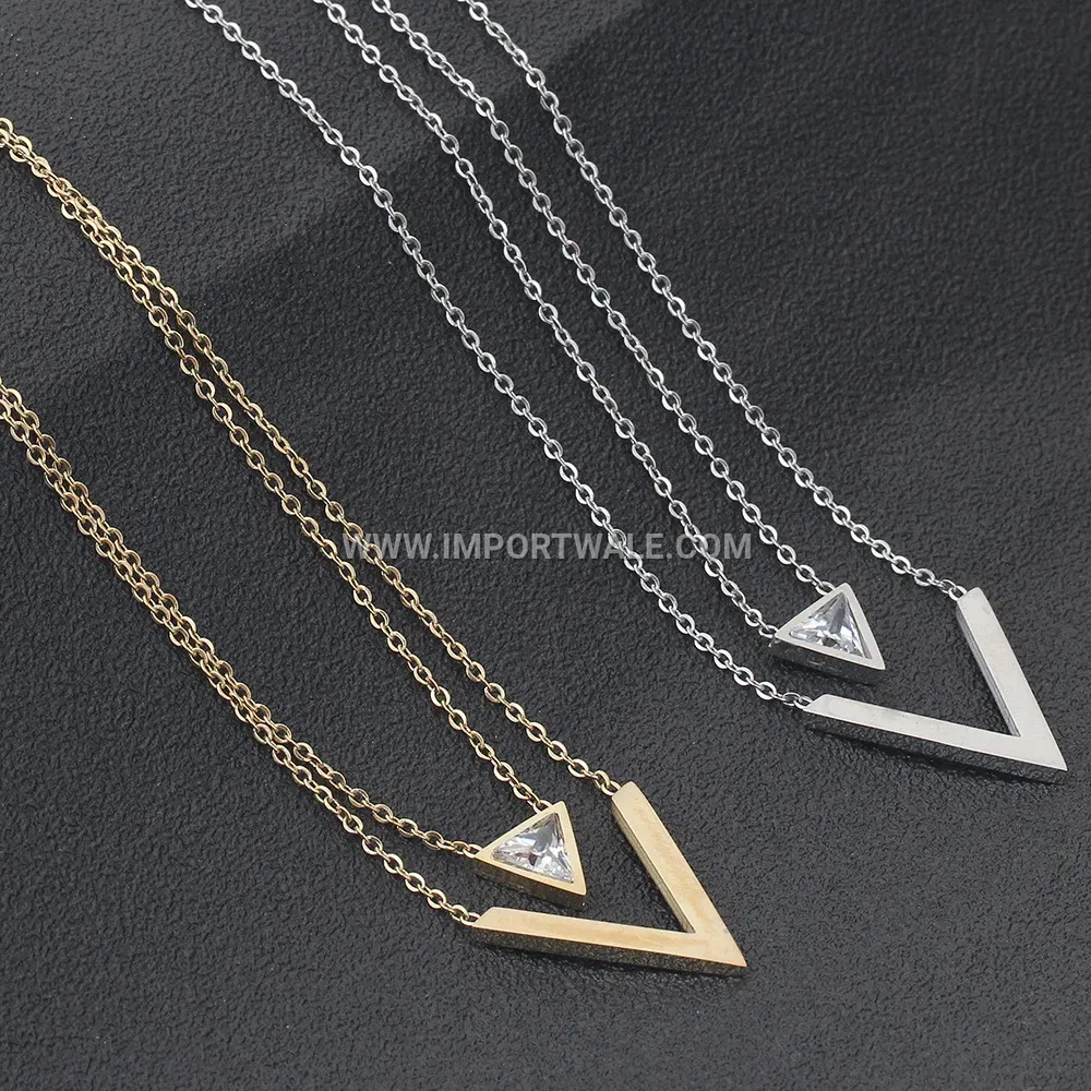 Geometric Triangular Zirconia Stainless Steel Pendant Necklace Set