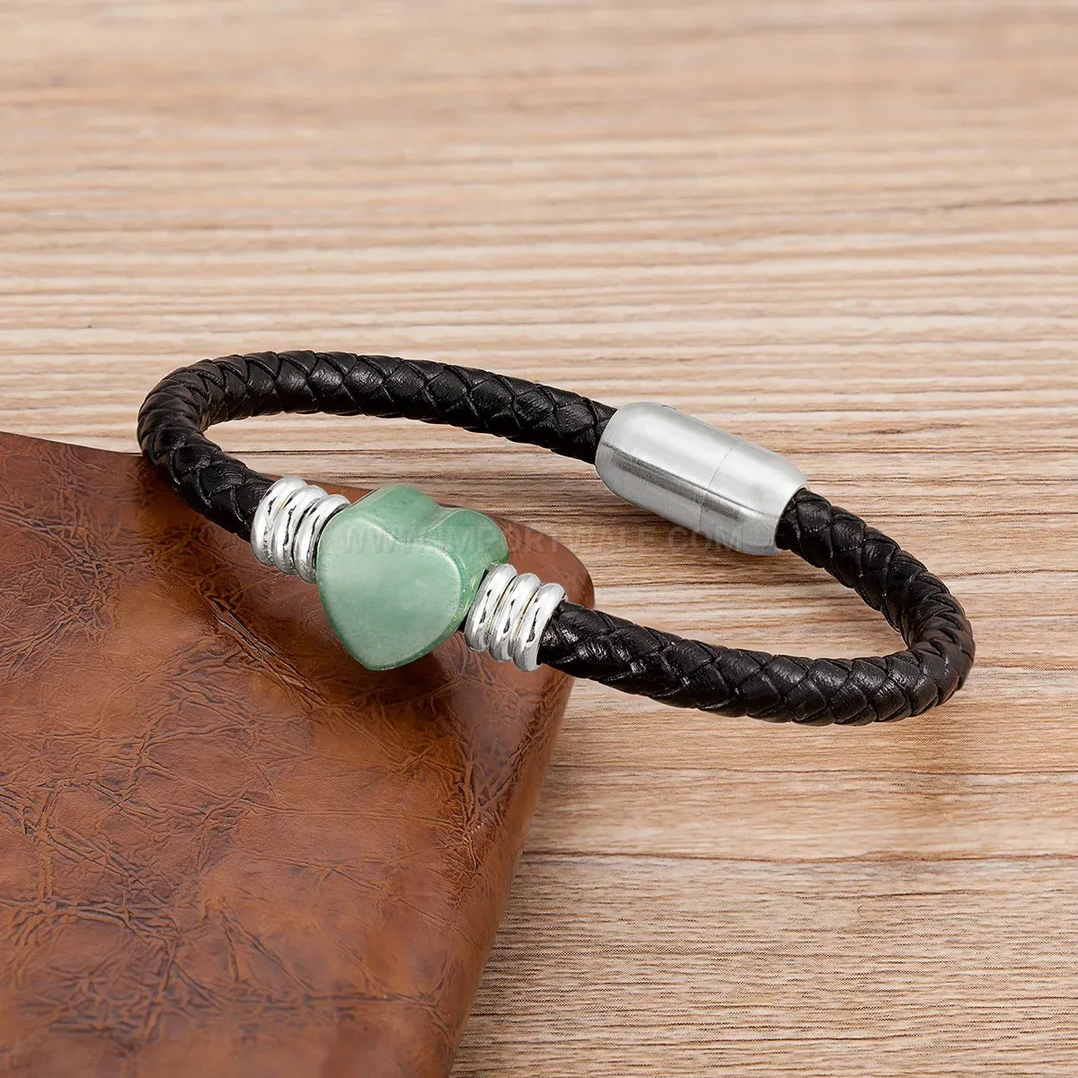Heart Accent Leather Stone Bracelet with Stainless Steel Magnetic Clasp
