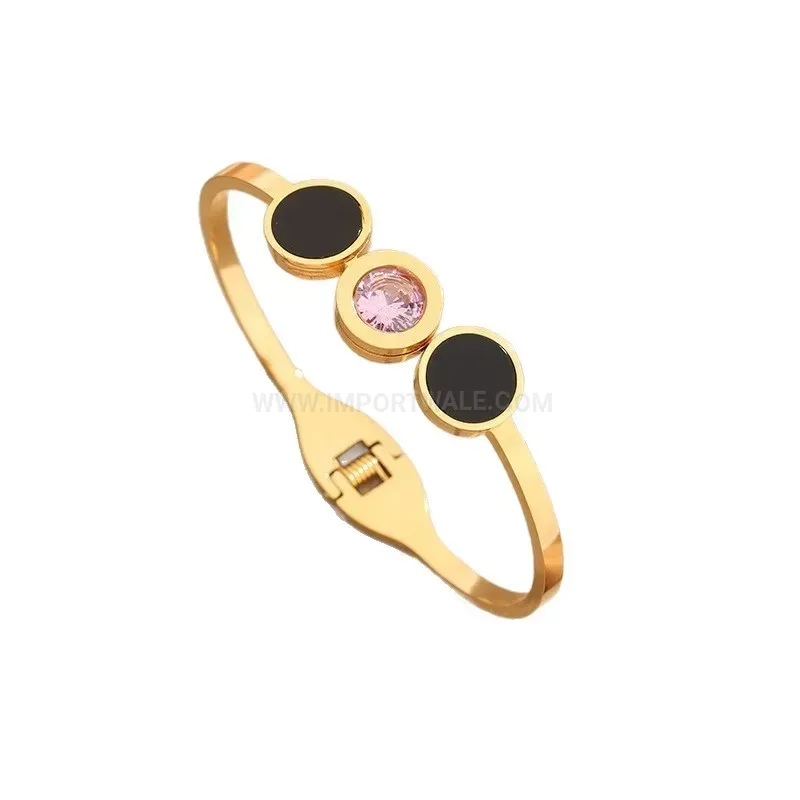 Modern Vintage Style Open Spring Titanium Steel Bangle with Pink Crystals