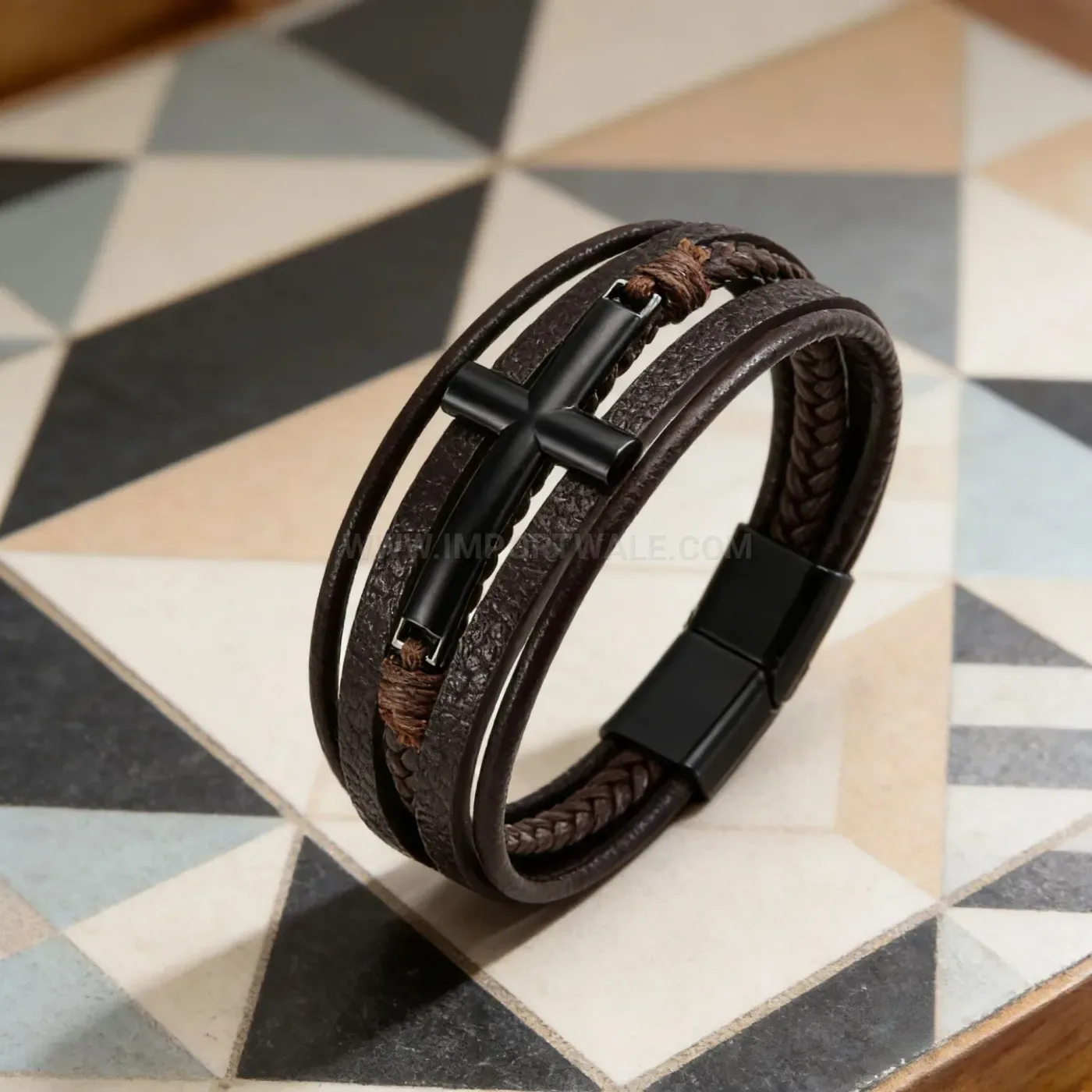 Bold Multi Layer Woven Leather Cross Bracelet With Alloy Clasp