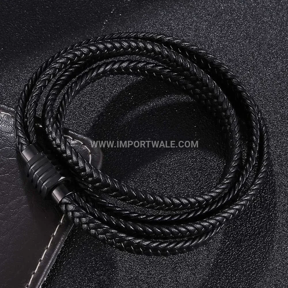 Double Wrap Braided Black Leather Steel Cuff Bracelet