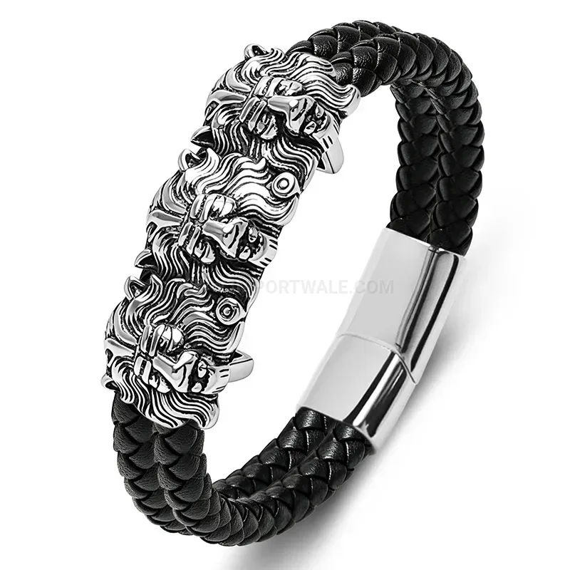 Classic Dual Tone Leather Lion Stainless Steel Men Bracelet