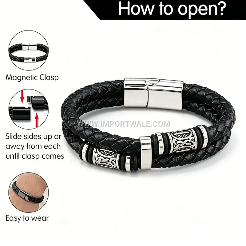 Viking Braided Leather Magnetic Cuff Bracelet For Men