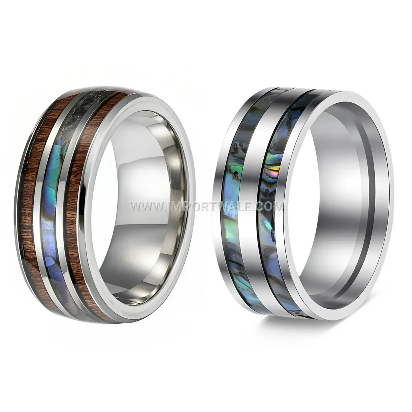 Abalone Shell Inlaid Stainless Steel Ring Set