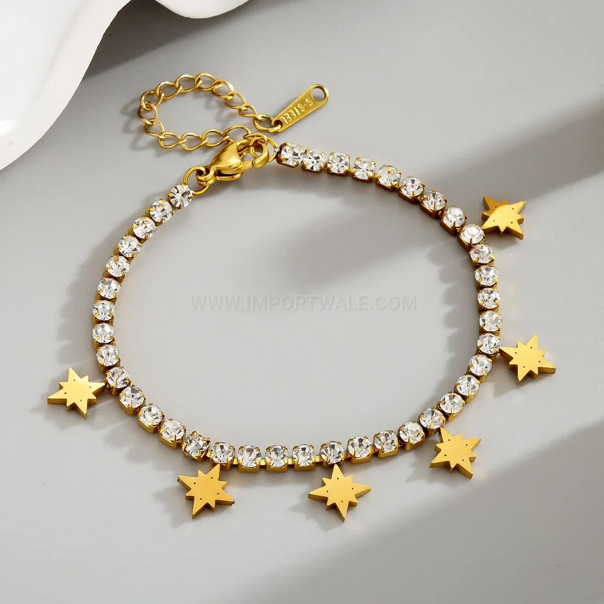 Pave Crystal Starburst Charm Stainless Steel Chain Bracelet