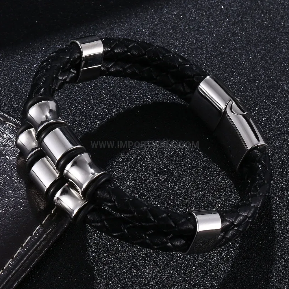 Braided Leather Wristband with Stainless Steel Clasp Closure