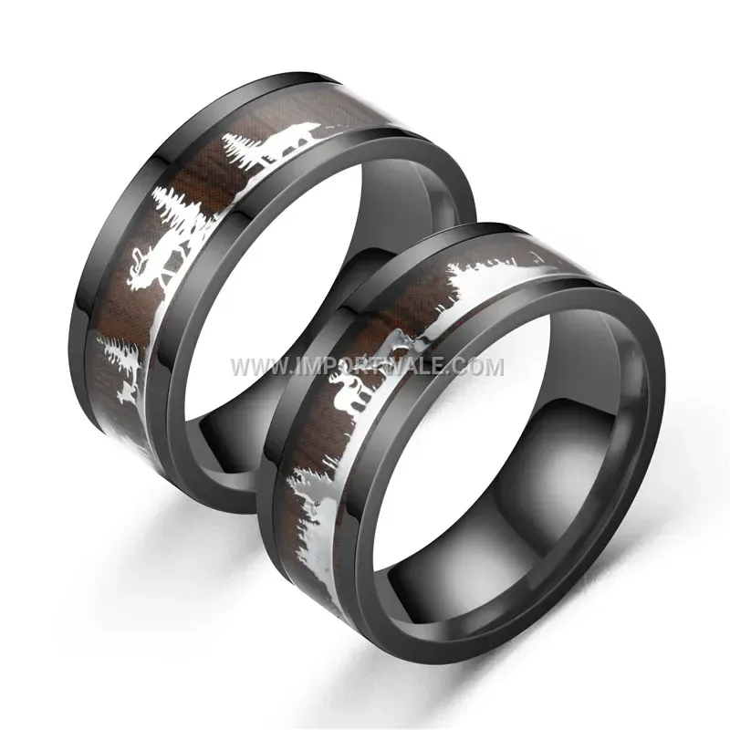 Black Wood Grain Deer Motif Stainless Steel Ring