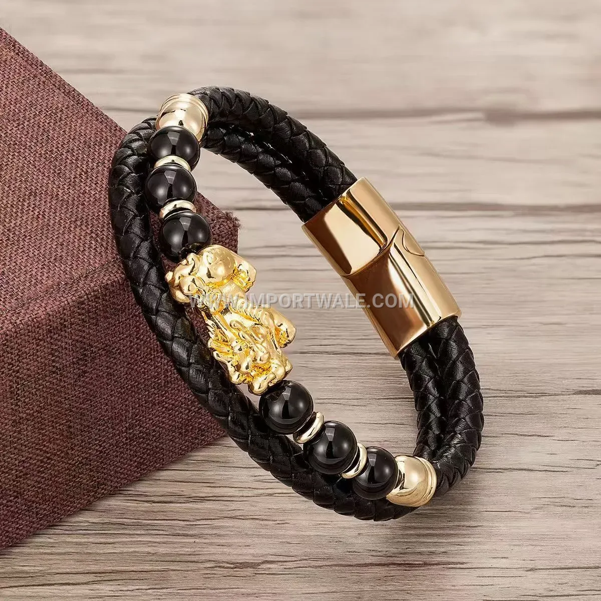 Braided Leather and Natural Stone Pixiu Charm Magnetic Bracelet