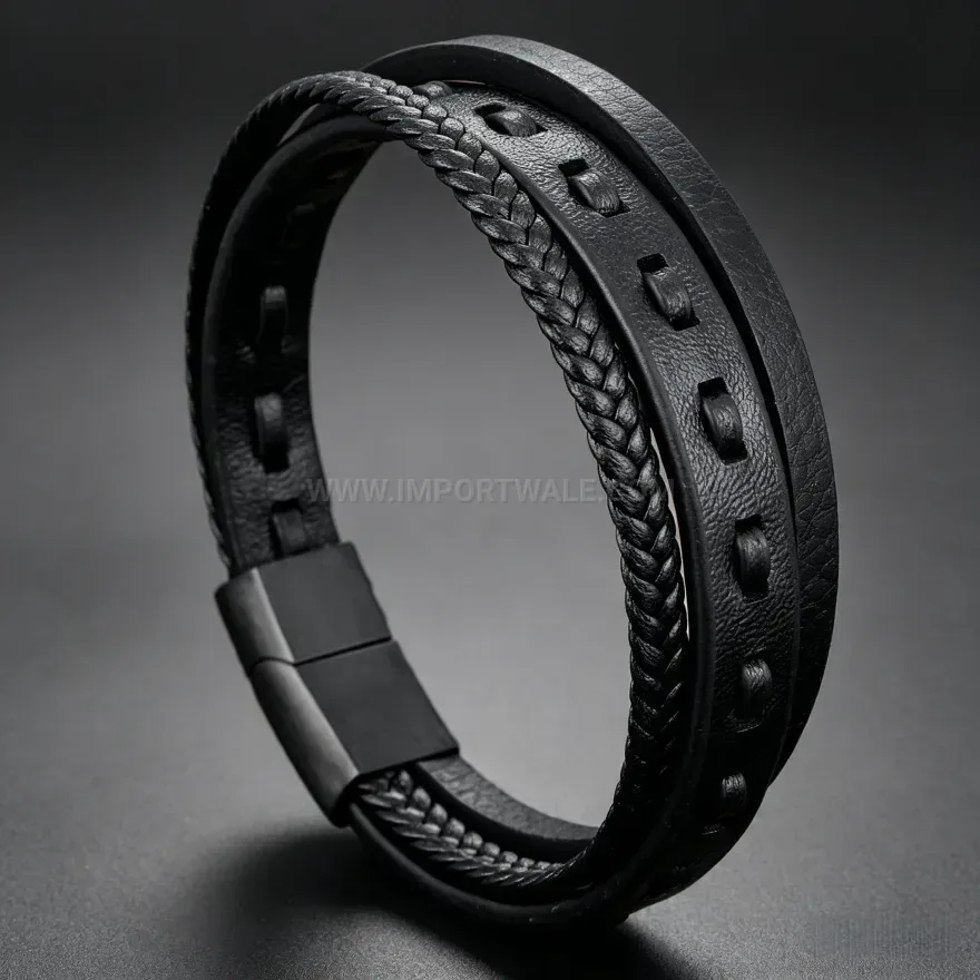 Elegant Dual Layer Woven Leather Cord Wristband with Magnetic Closure