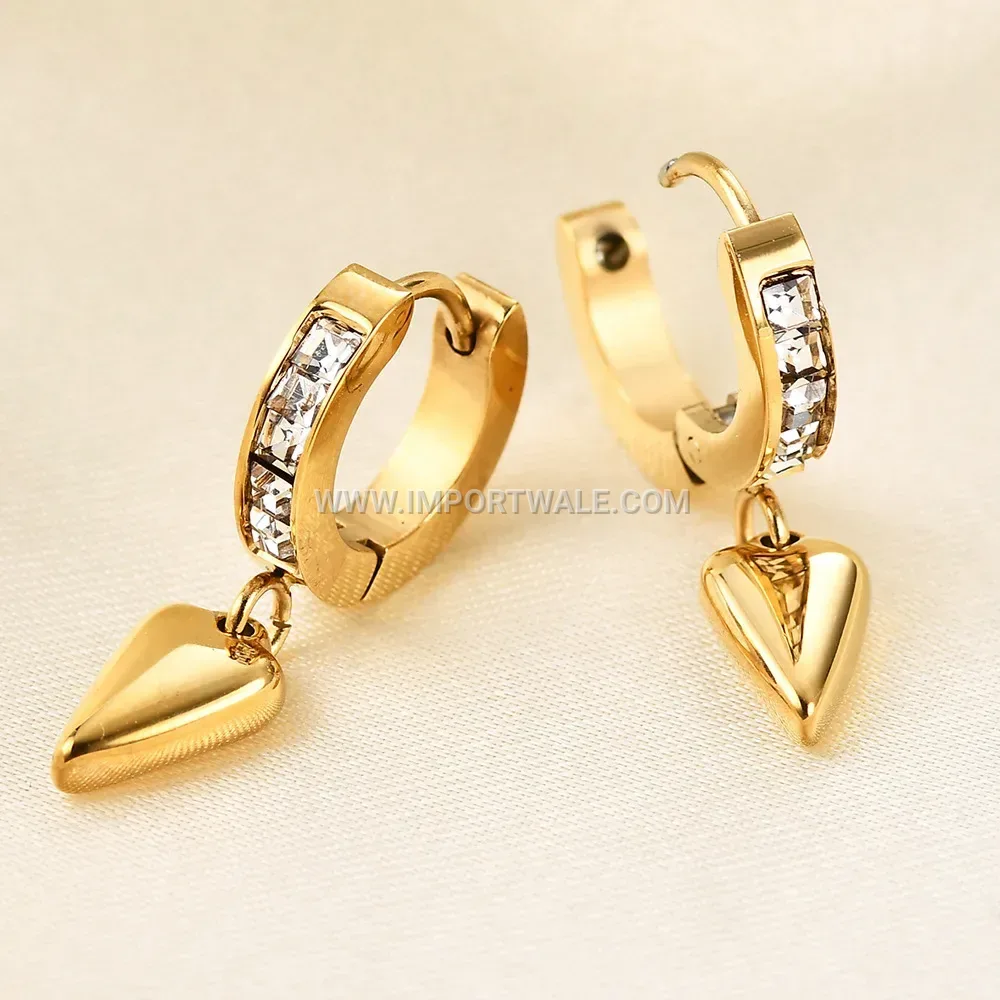 Gold Plated Stainless Steel Heart Pendant Earrings With Cubic Zirconia