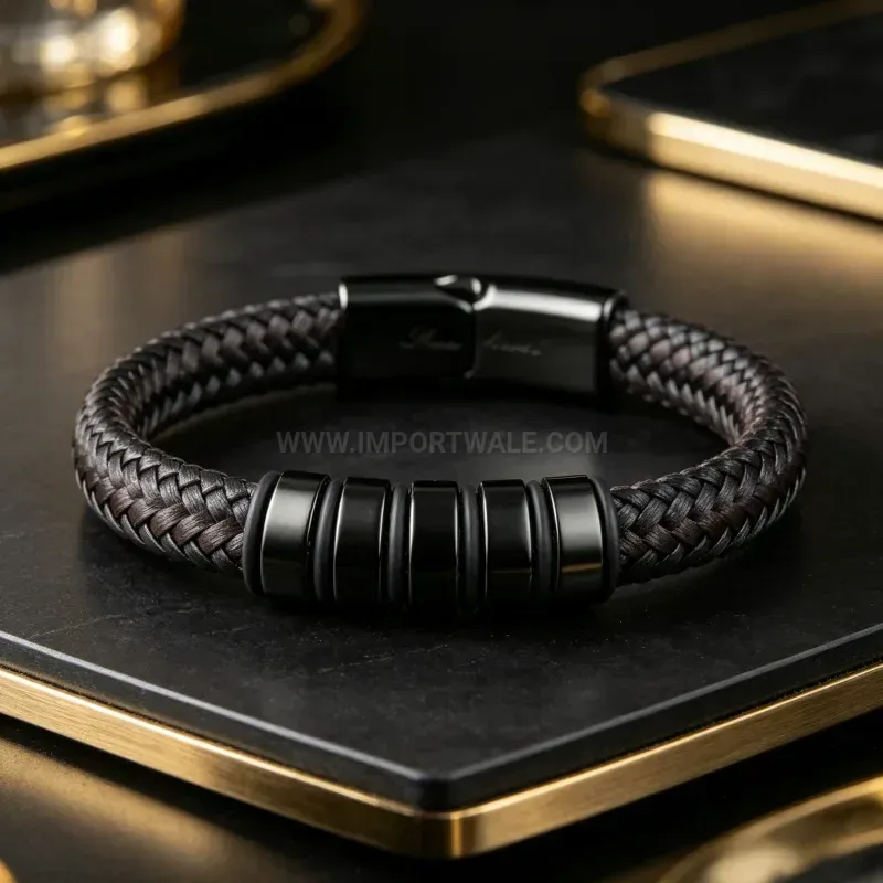 Elegant Custom Stainless Steel and Leather Beaded Magnetic Bracelet