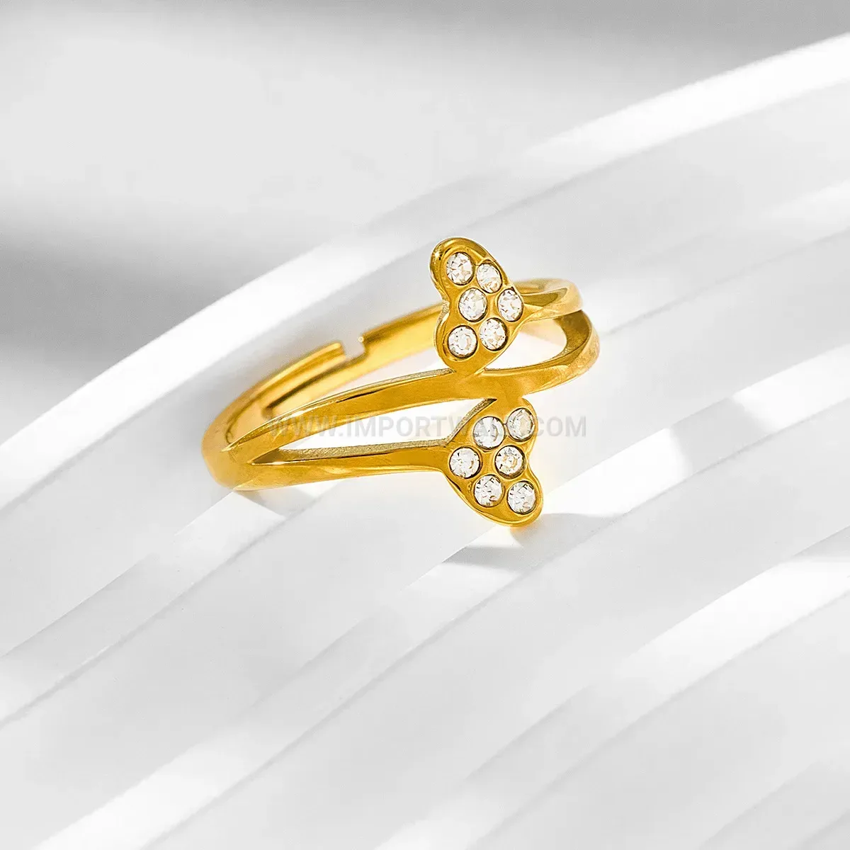 Double Heart Pave Open Adjustable Stainless Steel Ring