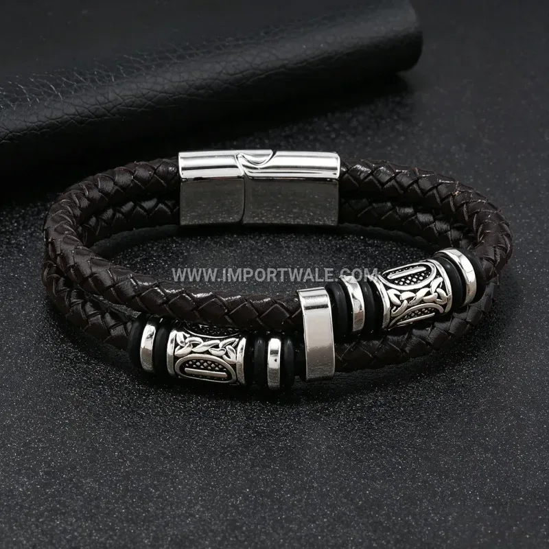 Viking Braided Leather Magnetic Cuff Bracelet For Men