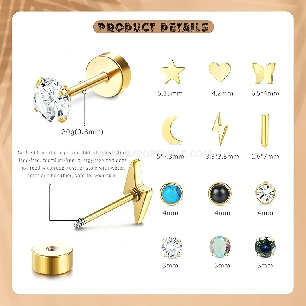 Designer Flat Back Threaded Stainless Steel Piercing Earring Set