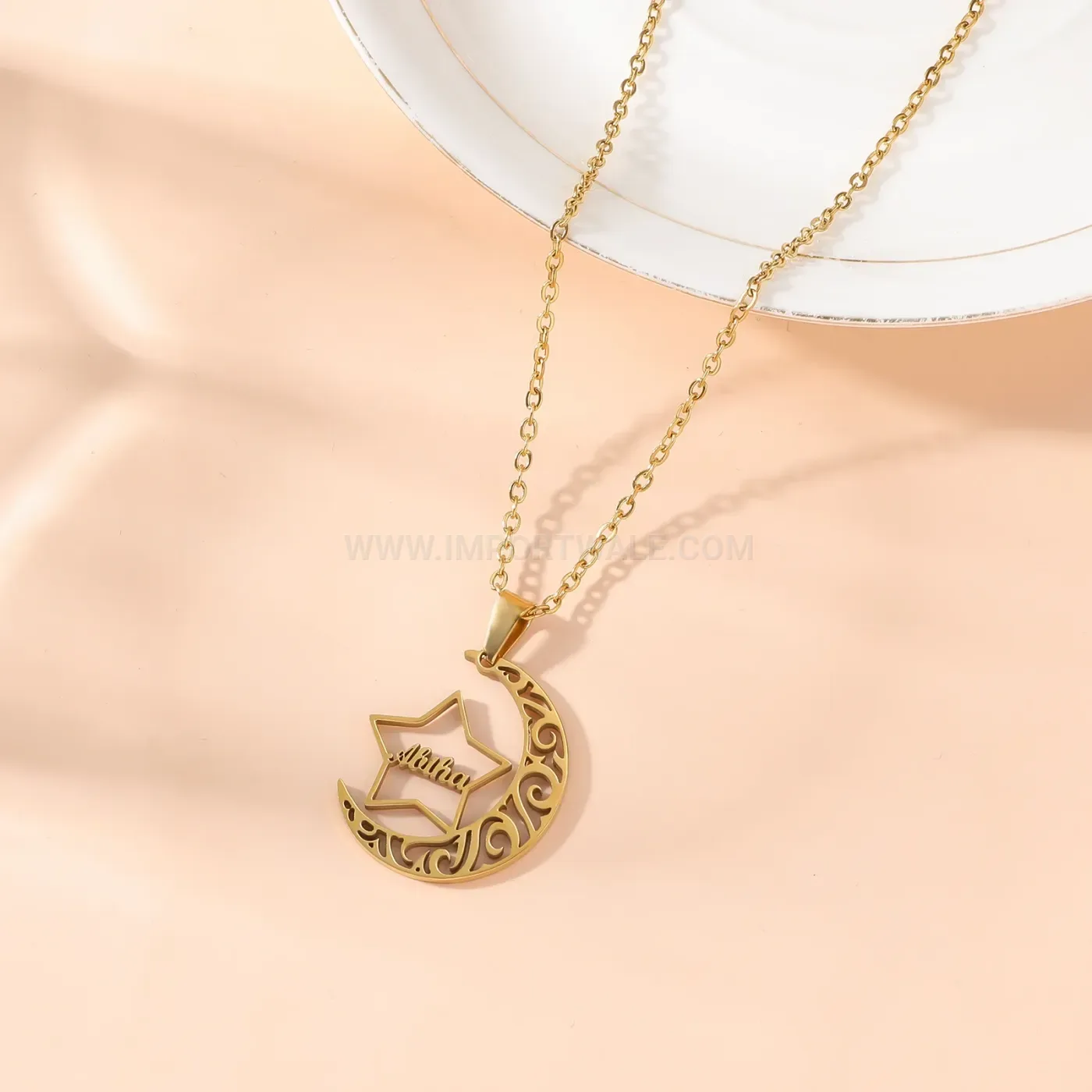 Chic Crescent Moon Star Arabic Script Stainless Steel Islamic Necklace