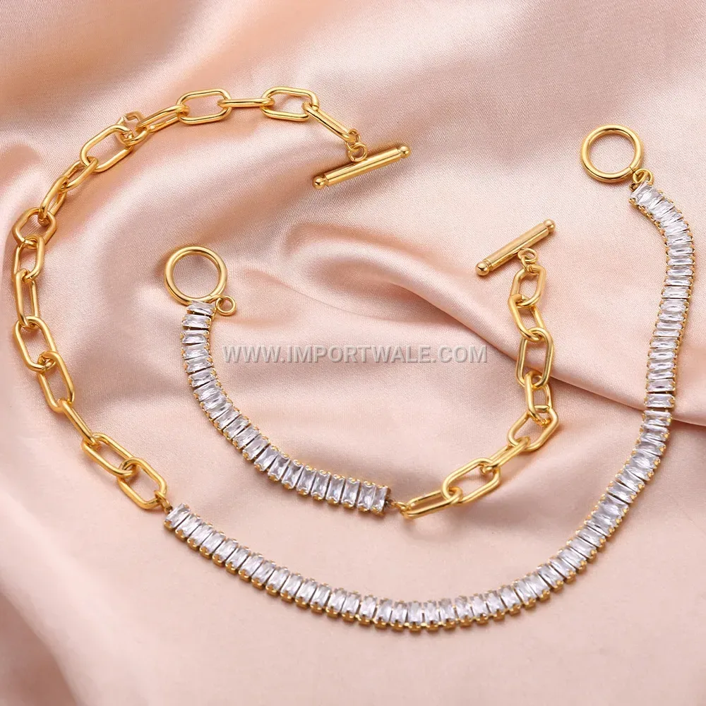 Gold Plated Titanium Steel Geometric Bracelet with Clear Zirconia