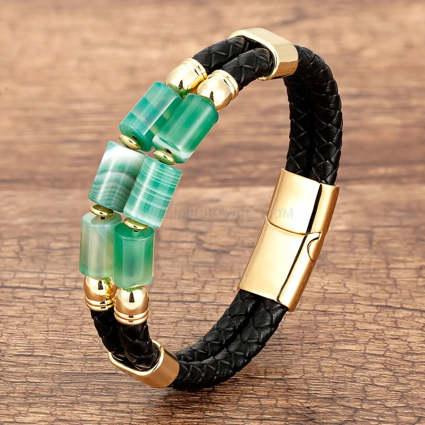 Woven Leather Stone Cuff Bracelet with Stainless Steel